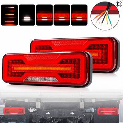 Универсални LED Стопове 12V 24V с Бягащ Мигач, Стоп, Габарит и Заден Ход E9 Сертифицирани Комплект от 2 броя