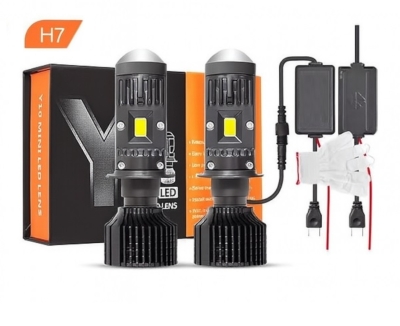 Комплект от 2 броя LED крушки с лупа, Y10 H7, 200%, 50W 6400LM, 6000K, 360° Canbus без грешки – 12V