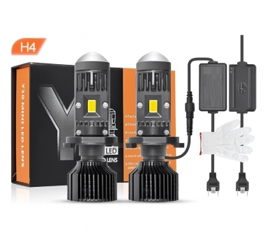 Комплект от 2 броя LED крушки с лупа, Y10 H4, 200%, 60W 6400LM, 6000K, 360° Canbus без грешки – 12V