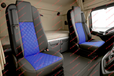 Комплект 1+1 тапицерия от еко кожа за MERCEDES ACTROS MP4 EURO 6 2015-2021 - синьо-черно