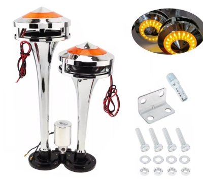 Двоен Въздушен Клаксон тип Тромба с жълта LED светлина – 12V / 24V