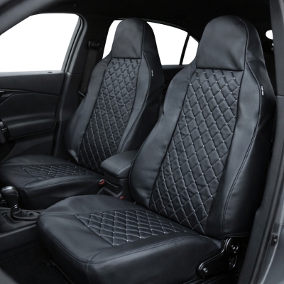 Комплект 2 бр. Универсална тапицерия за предни седалки от еко кожа със слят подглавник - черна