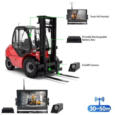 Безжична камера за мотокар със 7-инчов HD монитор, вградена батерия, инфрачервено виждане, лазерен водач, зарядно и магнитен монтаж