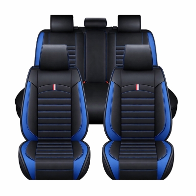 Комплект Луксозна универсална кожена тапицерия, Черна със син шев за Предни и Задни седалки