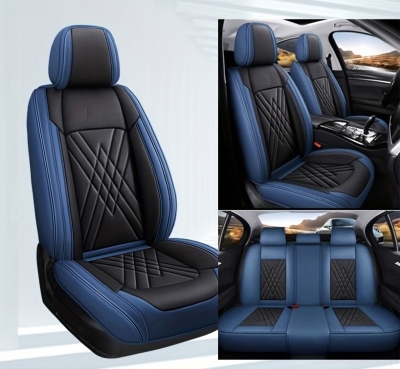 Комплект Луксозна универсална кожена тапицерия, синьо и черно за Предни и Задни седалки