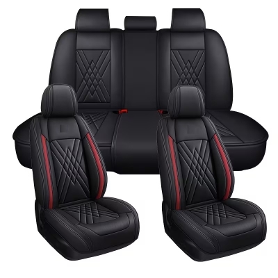 Комплект Луксозна универсална кожена тапицерия, Черно с червено за Предни и Задни седалки