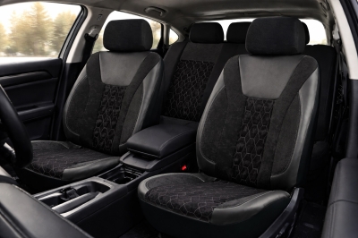 Луксозен комплект универсална автомобилна тапицерия от 9 части – черно / сив дизайн, еко кожа, текстил и полиестер