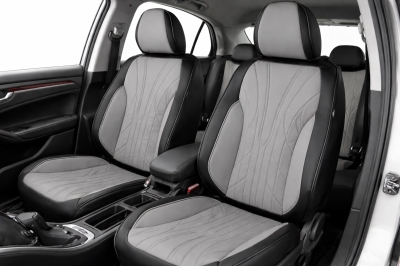 Комплект луксозна универсална тапицерия еко кожа, Черно-Сиво за предни и задни седалки