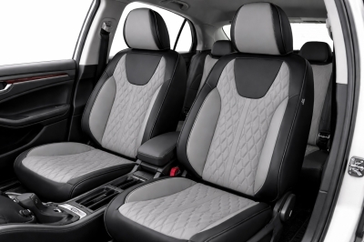 Комплект луксозна универсална тапицерия еко кожа, Черно-Сиво за предни и задни седалки