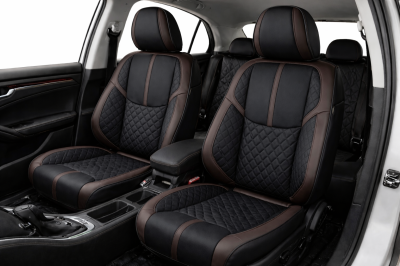Комплект луксозна универсална тапицерия еко кожа, Черно-Кафяво за предни и задни седалки