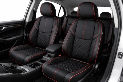 Комплект луксозна универсална тапицерия еко кожа, Черно-Червено за предни и задни седалки