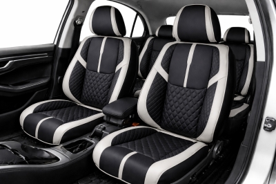 Комплект луксозна универсална тапицерия еко кожа, Черно-Светло сиво за предни и задни седалки