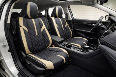 Комплект луксозна универсална тапицерия еко кожа, Черно-Бежово за предни и задни седалки