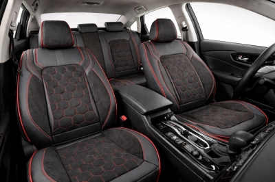 Комплект луксозна универсална тапицерия еко кожа-алкантара, Черно-Червено за предни и задни седалки