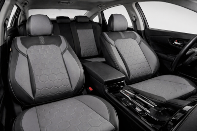 Комплект луксозна универсална тапицерия еко кожа, Черно-Сиво за предни и задни седалки