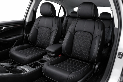 Комплект луксозна универсална тапицерия еко кожа, Черно-Бяло за предни и задни седалки