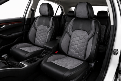 Комплект луксозна универсална тапицерия еко кожа, Черно-Сиво за предни и задни седалки