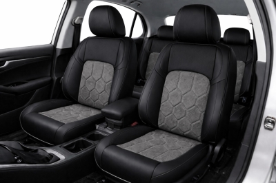 Комплект луксозна универсална тапицерия еко кожа-алкантара, Черно-Сиво за предни и задни седалки