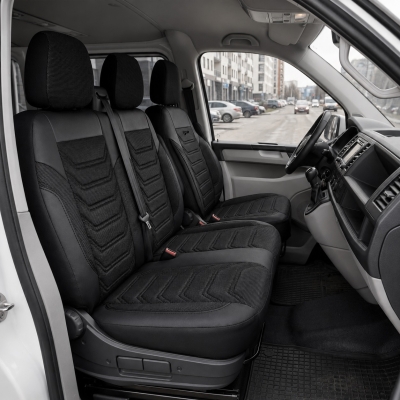 Комплект луксозна тапицерия PANDA за VW T5/T6/T7 2003 - Еко кожа и текстил, Черно/Сиво