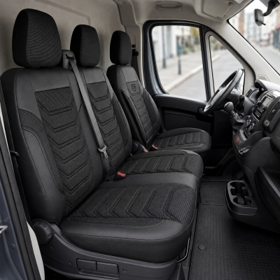 Комплект луксозна тапицерия PANDA за FIAT DUCATO / PEUGEOT BOXER / CITROEN JUMPER 2006+, Еко кожа и текстил, Черно/Сиво