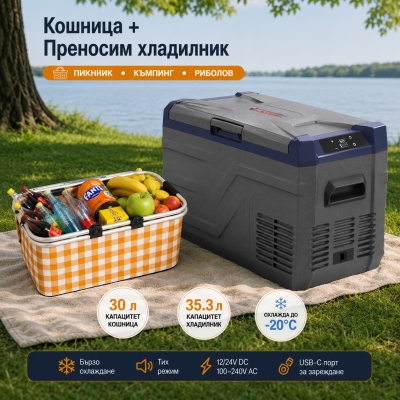 Къмпинг комплект Flexzon - Kомпресорен SMART хладилник фризер 35.3L + Сгъваема термо кошница 30L