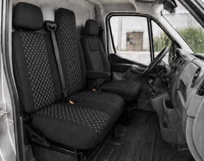 Комплект 2+1 Тапицерия за RENAULT MASTER III 2010-2019 – Текстил, Черна с бял шев, 6 части
