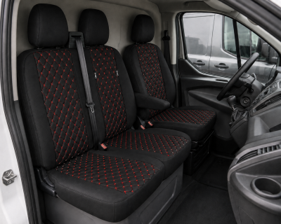 Комплект 2+1 Тапицерия за FORD TRANSIT CUSTOM 2009+ – Еко кожа, Черна с червен шев, 8 части