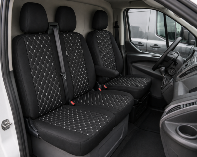 Комплект 2+1 Тапицерия за FORD TRANSIT CUSTOM 2009+ – Еко кожа, Черна с бял шев, 8 части
