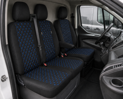 Комплект 2+1 Тапицерия за FORD TRANSIT CUSTOM 2009+ – Еко кожа, Черна със син шев, 8 части