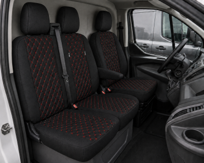 Комплект 2+1 Тапицерия за FORD TRANSIT CUSTOM 2009+ – Текстил, Черна с червен шев, 8 части