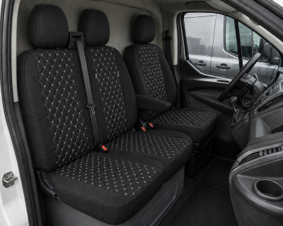 Комплект 2+1 Тапицерия за FORD TRANSIT CUSTOM 2009+ – Текстил, Черна с бял шев, 8 части