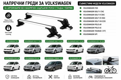 Aлуминиеви греди за багажник с ключалки за Volkswagen Fox, Golf, Polo, Touran, Up! без фабрични релси, 110 см, Бели