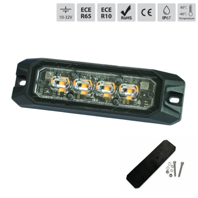 LED Габарит с оранжева блиц светлина и 9 блиц режима, 4 LED, 15.1W, E-Mark E9, ECE R65 / R10, IP67, 12–24V