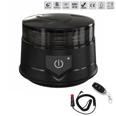 Оранжева LED аварийна лампа с опушен корпус, 36 LED, 19W, 7 режима, дистанционно, вградена батерия, магнит и вендуза, E-Mark E9, ECE R10, IP67, 12–24V