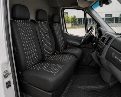 Комплект 2+1 Тапицерия за MERCEDES SPRINTER W906 2006-2018 – Еко кожа, Черна с бял шев, 8 части