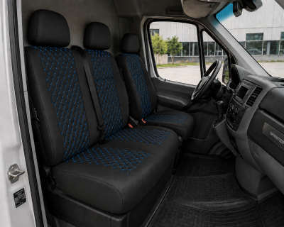 Комплект 2+1 Тапицерия за MERCEDES SPRINTER W906 2006-2018 – Еко кожа, Черна със син шев, 8 части