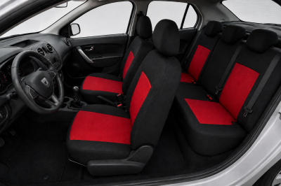 Текстилна тапицерия за Dacia Logan I 2004–2012 и Dacia Logan II 2012+, 9 части, черно-червена