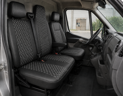 Комплект 2+1 Тапицерия за RENAULT MASTER III 2010-2019 – Еко кожа, Черна с бял шев, 6 части