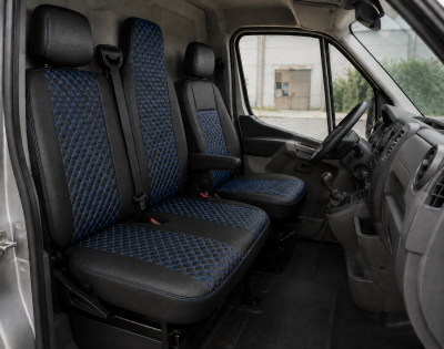 Комплект 2+1 Тапицерия за RENAULT MASTER III 2010-2019 – Еко кожа, Черна със син шев, 6 части