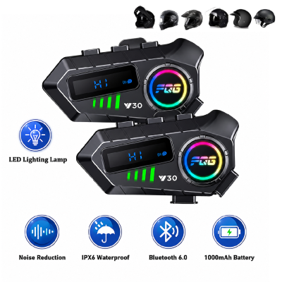 Комплект 2 бр. Интеркоми за каска Bluetooth 6.0, сдвояване помежду им, CVC + DSP шумопотискане, LED дисплей, IPX6, батерия 1000 mAh
