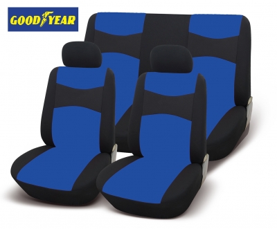 Универсална тапицерия пълен комплект калъфи за предни и задни цели седалки от текстил в синьо-черно Goodyear Гудиър