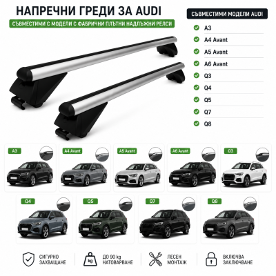 Aлуминиеви греди за багажник с ключалки за Audi A3, A4 Avant, A5 Avant, A6 Avant, Q3, Q4, Q5, Q7, Q8 с плътни надлъжни релси (Flush Rails) 120 см, до 90 кг, Сребристи