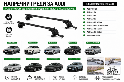 Aлуминиеви греди за багажник с ключалки за Audi 100, A1, A3, A4, A5, A6, Q4 e-tron без фабрични релси, 110 см, Черни