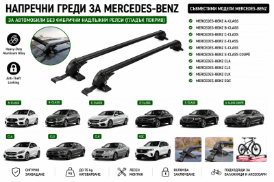 Aлуминиеви греди за багажник с ключалки за Mercedes-Benz A-Class, B-Class, C-Class, E-Class, S-Class, CLA, CLS, CLK, EQC без фабрични релси, 110 см, до 75 кг, Черни