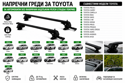 Aлуминиеви греди за багажник с ключалки за Auris, Avensis, Aygo, Camry, C-HR, Corolla, Corolla Verso, Prius, Proace, RAV4, Verso, Yaris, Yaris Cross, Yaris Verso без фабрични релси, 110 см, Черни