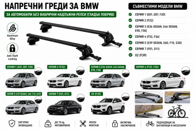 Aлуминиеви греди за багажник с ключалки за BMW Серия 1, Серия 2, Серия 3, Серия 4, Серия 5, Серия 7 и X2 без фабрични релси, 110 см, Черни