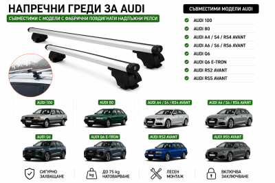 Aлуминиеви греди за багажник с ключалки за Audi Серия 100, 80,  A4,  A6, RS2, RS5 Комби Avant и Q6 с повдигнати надлъжни релси (Raised Rails) 120 см, до 75 кг, Сребристи