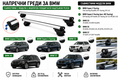 Aлуминиеви греди за багажник с ключалки за BMW Серия 3/5 Комби Touring, X3, X5 и X7 с повдигнати надлъжни релси (Raised Rails) 120 см, до 75 кг, Сребристи