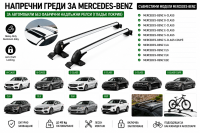 Aлуминиеви греди за багажник с ключалки за Mercedes-Benz A-Class, B-Class, C-Class, E-Class, S-Class, CLA, CLS, CLK, EQC без фабрични релси, 110 см, Бели
