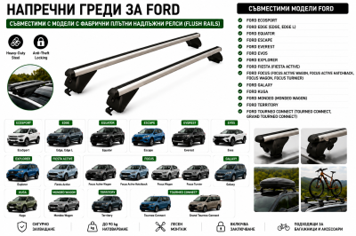 Aлуминиеви греди за багажник с ключалки за Ford EcoSport, Edge, Escape, Everest, Explorer, Focus, Galaxy, Kuga, Mondeo с плътни надлъжни релси (Flush Rails) 120 см, до 90 кг, Сребристи